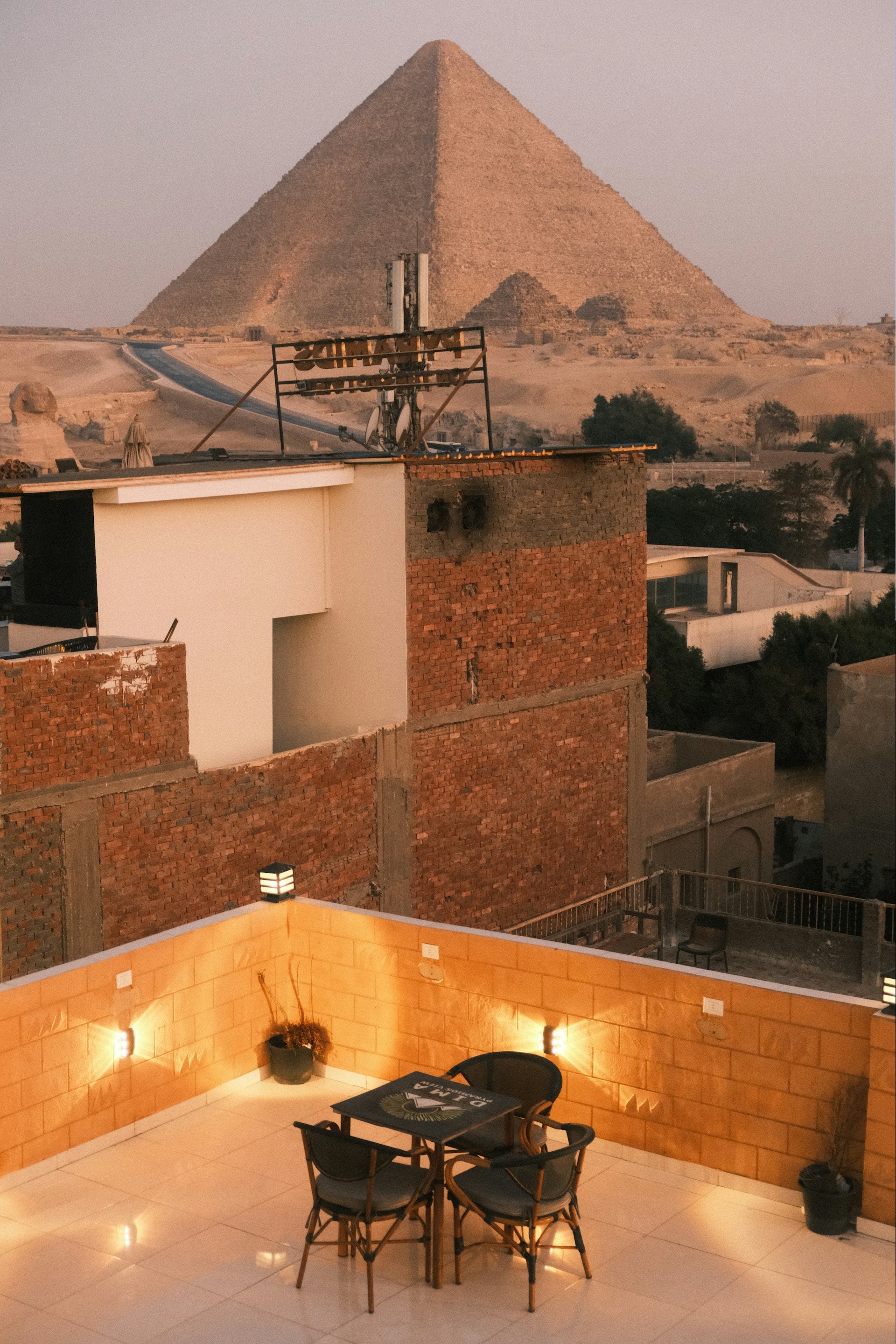 Spectacular view of the Pyramids of Giza from a hotel suite